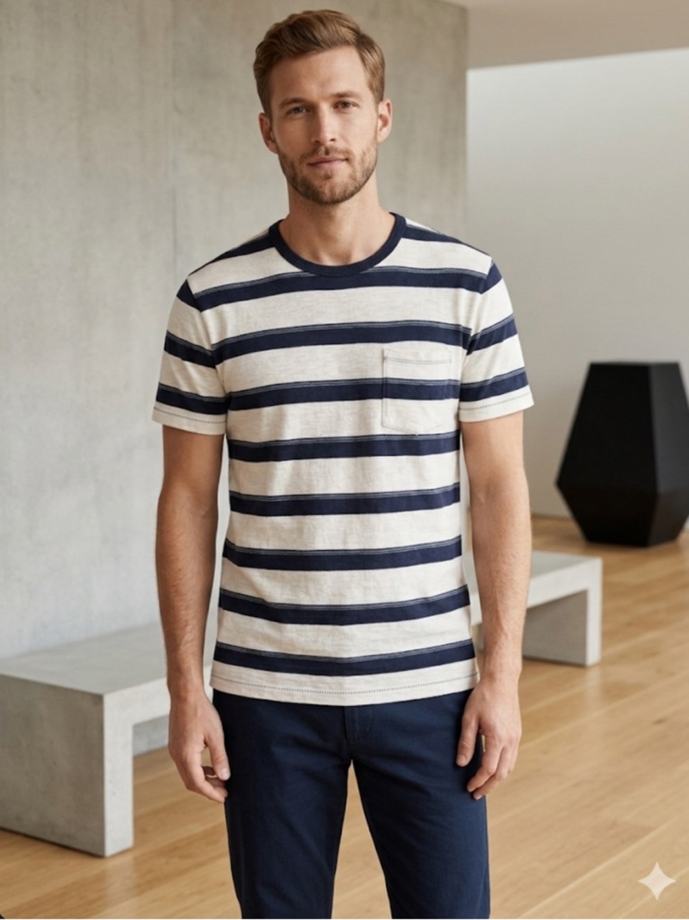 J. Crew Slub Cotton Yarn Striped Pocket T-Shirt Navy Cream M
